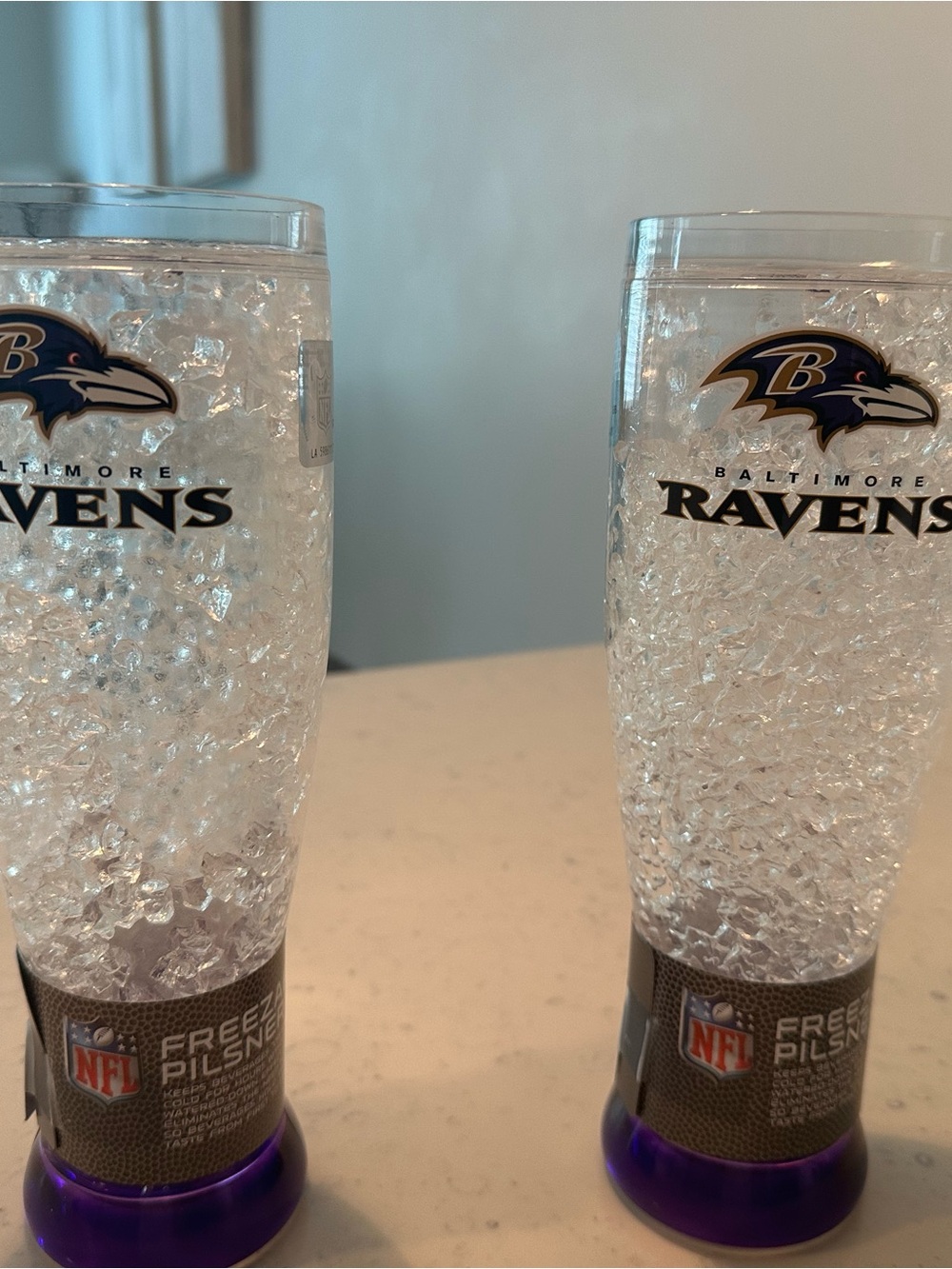 NFL Baltimore Ravens Clear Crystal Freezable Pilsner Glasses with Purple Base